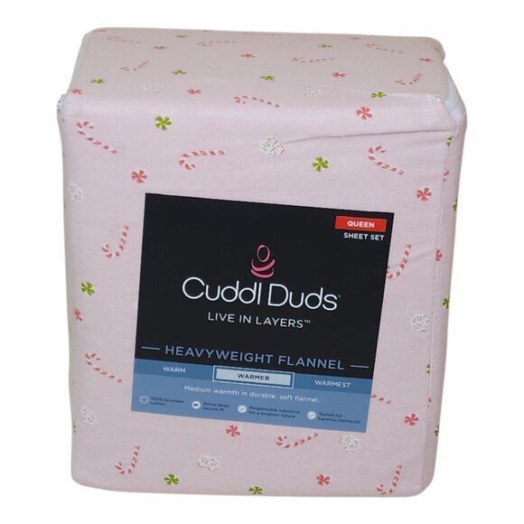 Cuddl Duds Queen Heavyweight Flannel Sheet Set Pink Candy Cane Brushed Cotton - Picture 2 of 9